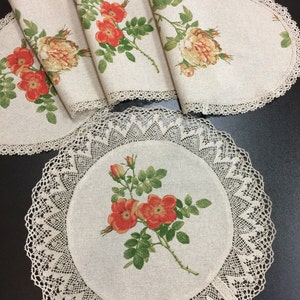 Linen Table Runner Doily Set Floral Linen Lace Oval Roses table Runner