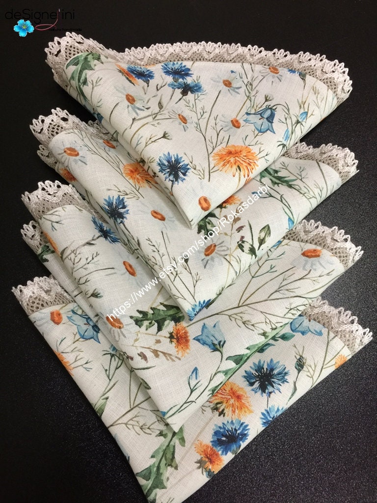 Round Linen Placemats Lace Set 4 Meadow Summer Floral Table | Etsy