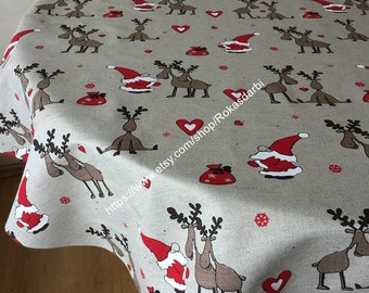 Christmas Linen Tablecloth Round Square Rectangle Oval Santa Reindeer