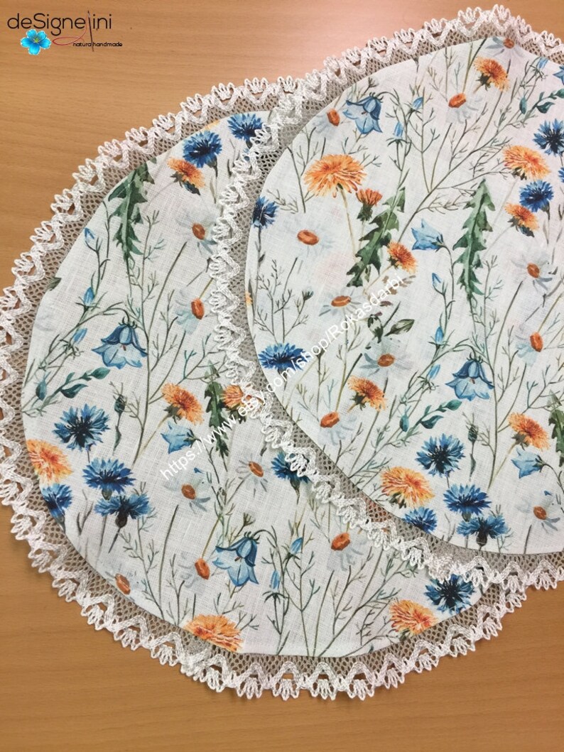 Round Linen Placemats Lace Set 4 Meadow Summer Floral Table Etsy