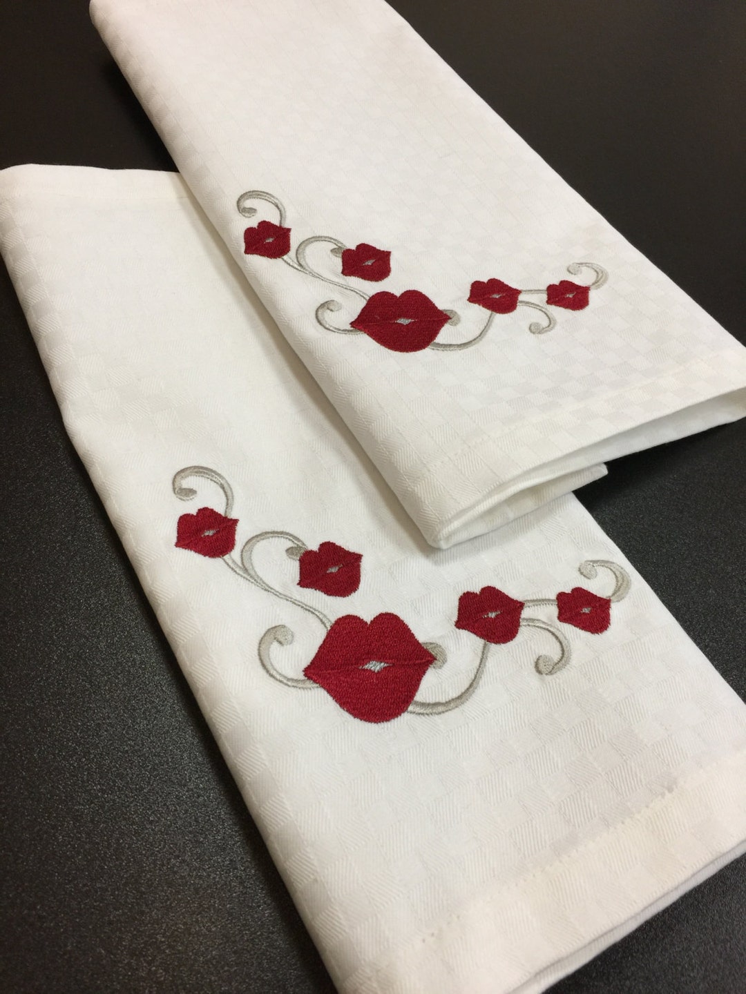 Embroidered Placemats Set of 2 Gift for Her Valentine's White Fabric