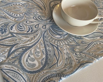 Paisley placemats Cotton fabric placemats Acrylic coated table mats Set 4 Blue White