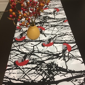 Table Runner Cotton Fabric Branches Bird Holiday Table Linen 57 inches Winter table runner