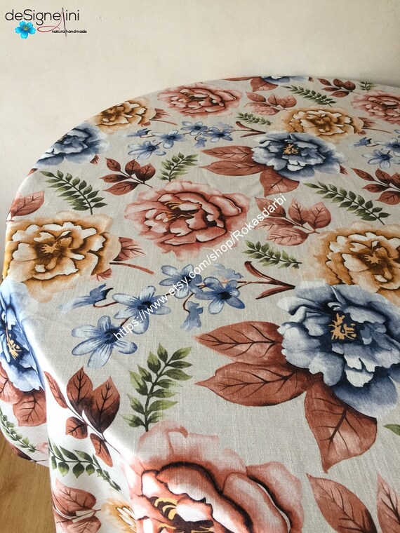Round Tablecloth Square Floral Table Linen Big Flowers Pattern Etsy