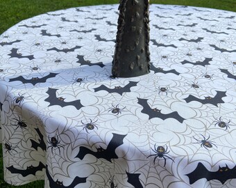 Cotton Halloween tablecloth Round bat tablecloth Rectangle Square Oval spiders Black White holiday table linen
