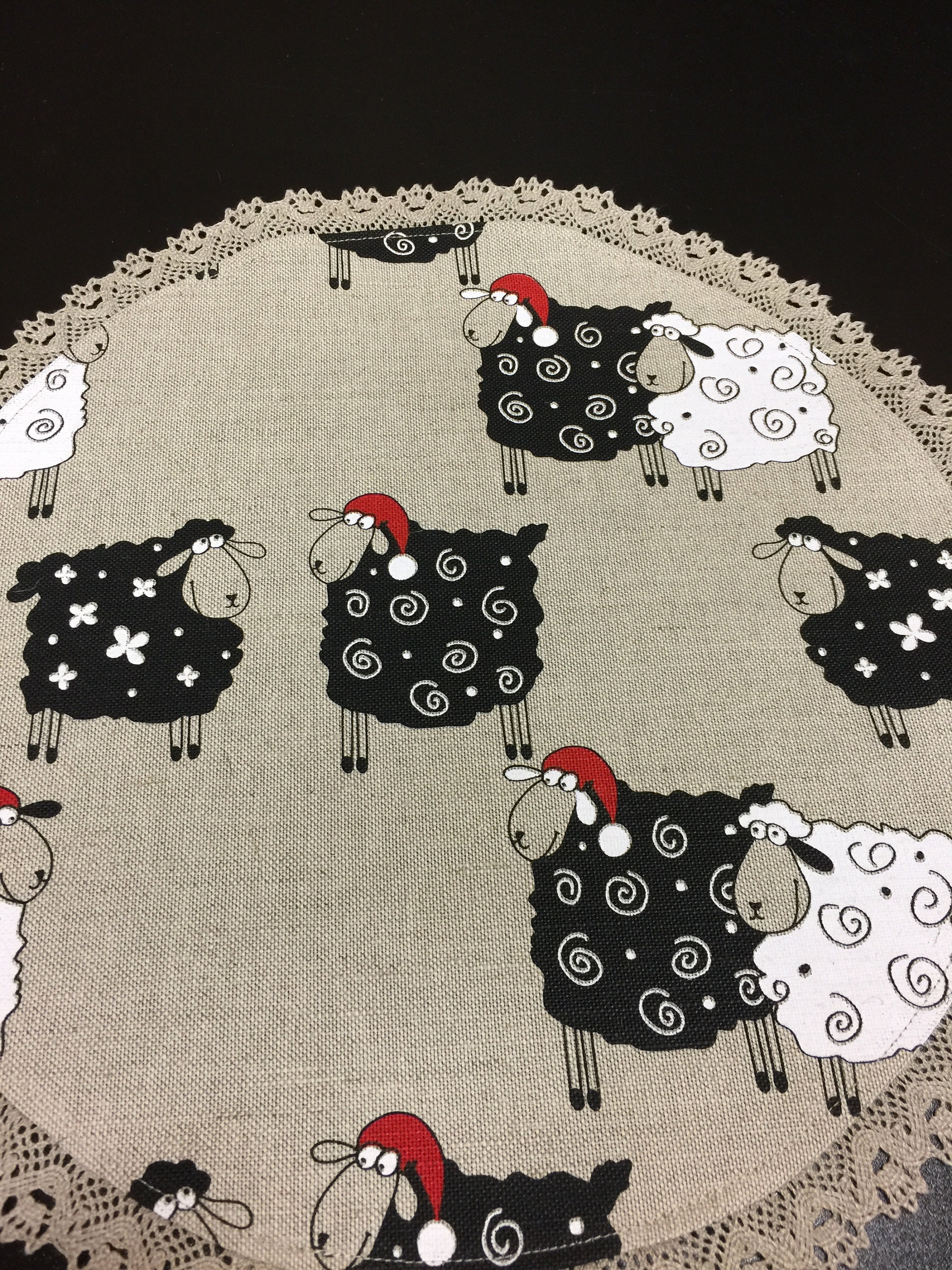 Round Christmas Placemats Santa Sheep Set 2 Linen Table Mats Etsy