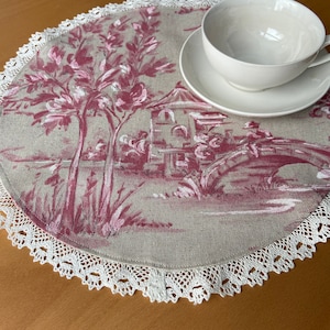 Round Cotton Placemats Lace Printed Fabric Pink Beige Doily Table Mats Set 6 Landscape
