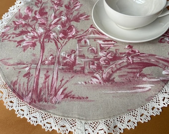 Round Cotton Placemats Lace Printed Fabric Pink Beige Doily Table Mats Set 6 Landscape
