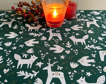 Green Christmas tablecloth Round tablecloth Square winter table linen Christmas tablecloth with white animals birds nature