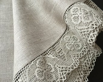 Round Tablecloth Linen Lace Natural Grey OR White Flax Oval Tablecloth