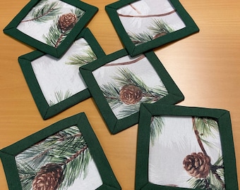 Mug Rug Coasters Linen Blend Fabric Coasters 2 Layer Coasters Small Leaves Set 2, 4 or 6