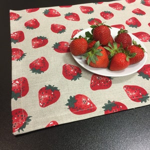 Linen Placemats Set Linen Fabric Strawberry Pattern Summer Table Mats Natural Tabletop