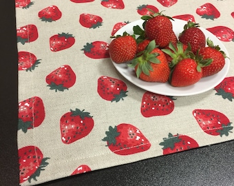 Linen Placemats Set 2 Linen Fabric Strawberry Pattern Summer Table Mats Natural Tabletop