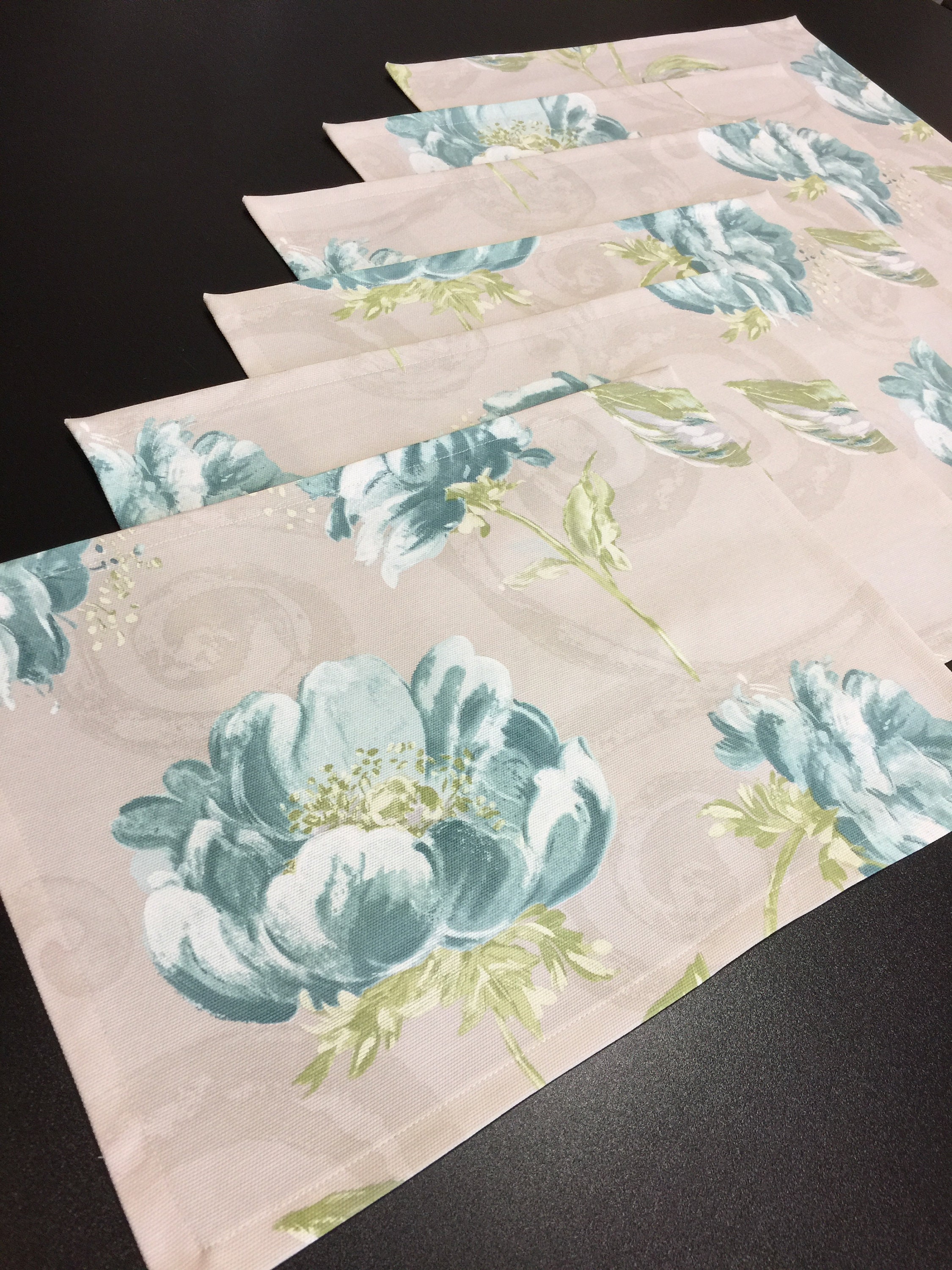 Placemats Set 6 Grey Ocean Blue Flower Table Linen Fabric Etsy UK