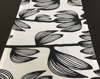 Cotton Table Runner Black Flowers On White Table Linen Modern Scandinavian design