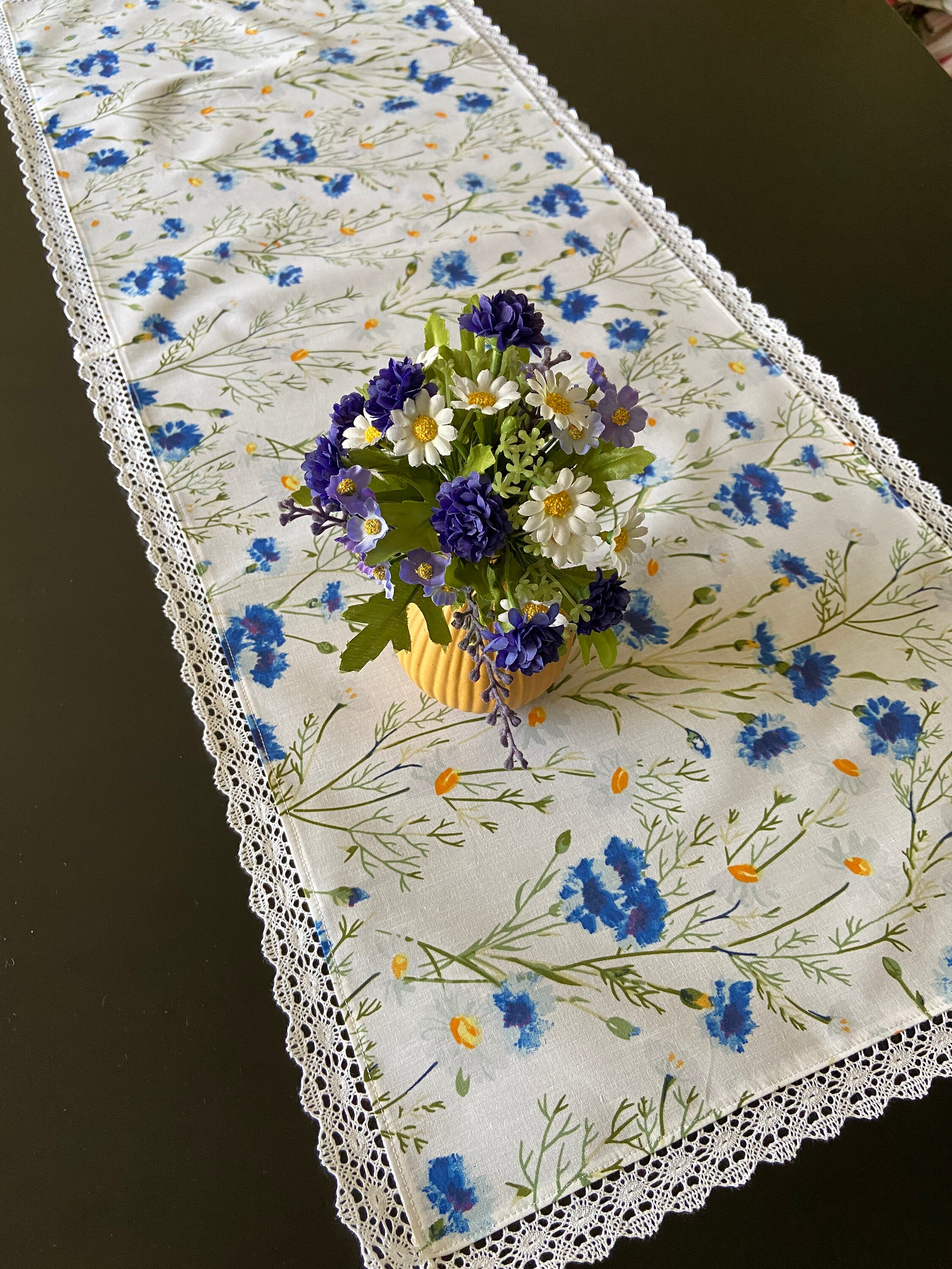 Cotton Table Runner Cornflower Table Runner With Lace Center Piece ...