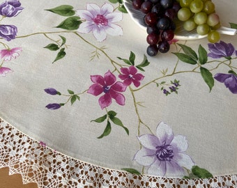 Small floral cotton round tablecloth Round doily with linen lace