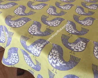 Round Tablecloth Cotton Tablecloth Oval Square Rectangle Tablecloth Folk Motive Bird Olive Color Base