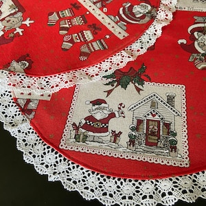 Round Christmas Fabric Placemats Set 2 Red Round Doily Table Mats Gnomes Pattern