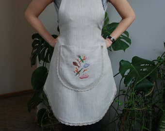 Women Full Apron Linen Apron Embroidery Gift Linen Lace