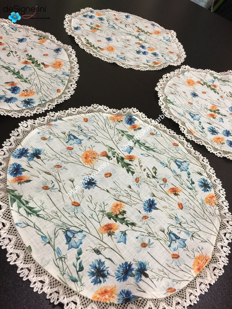Round Linen Placemats Lace Set 4 Meadow Summer Floral Table Mats - Etsy