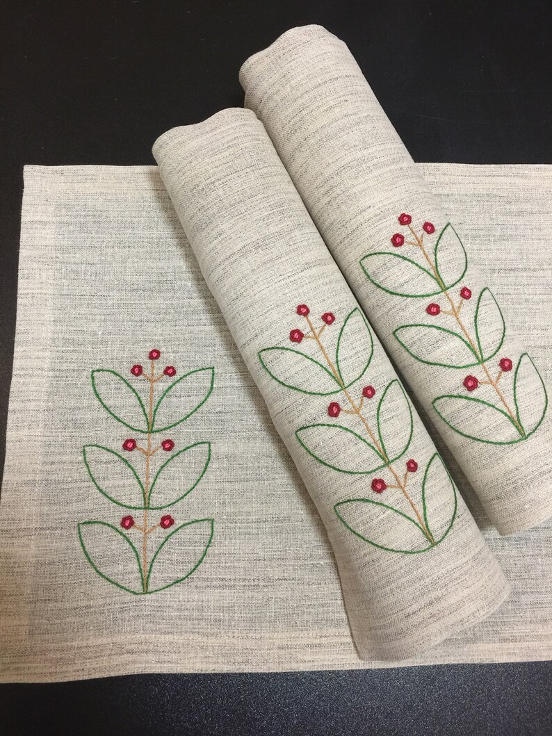 Linen Placemats Hand Embroidered Placemats Set 3 Botanic Etsy España