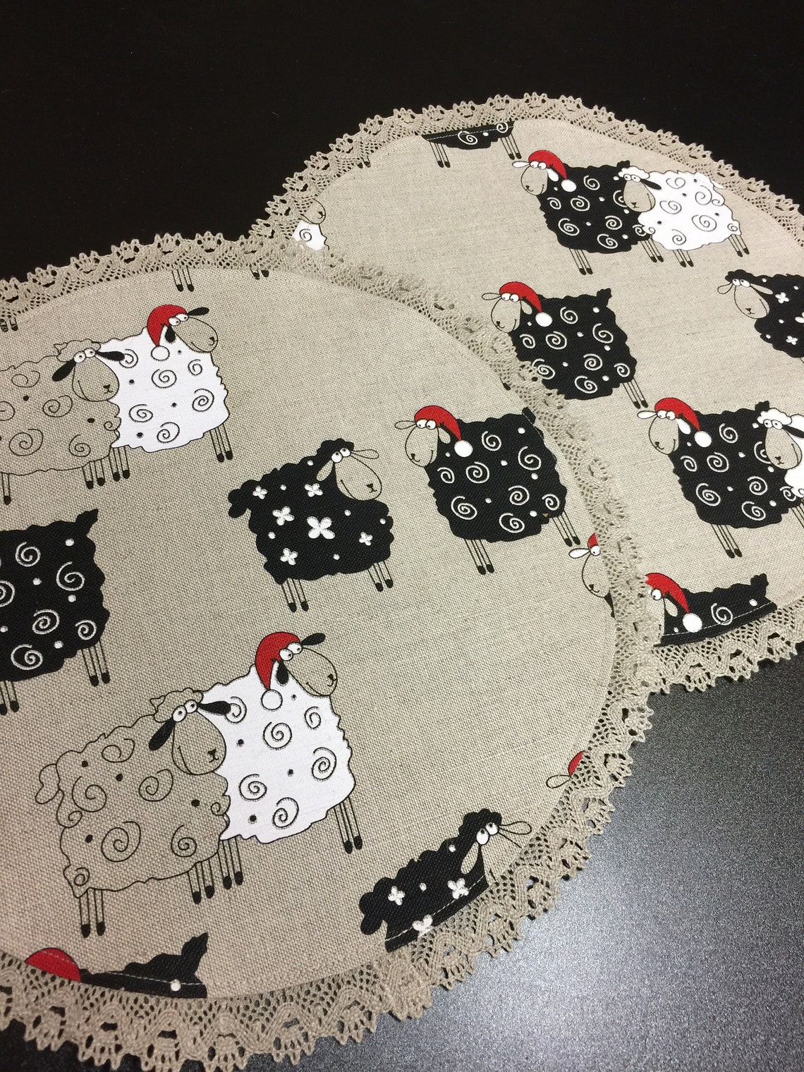 Round Christmas Placemats Santa Sheep Set 2 Linen Table Mats Etsy