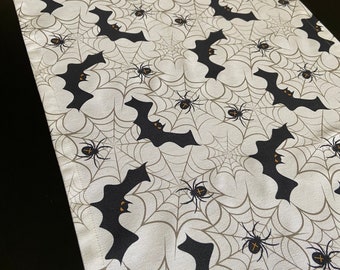 Halloween table runner Black and white cotton table runner Bat and spiders table linen