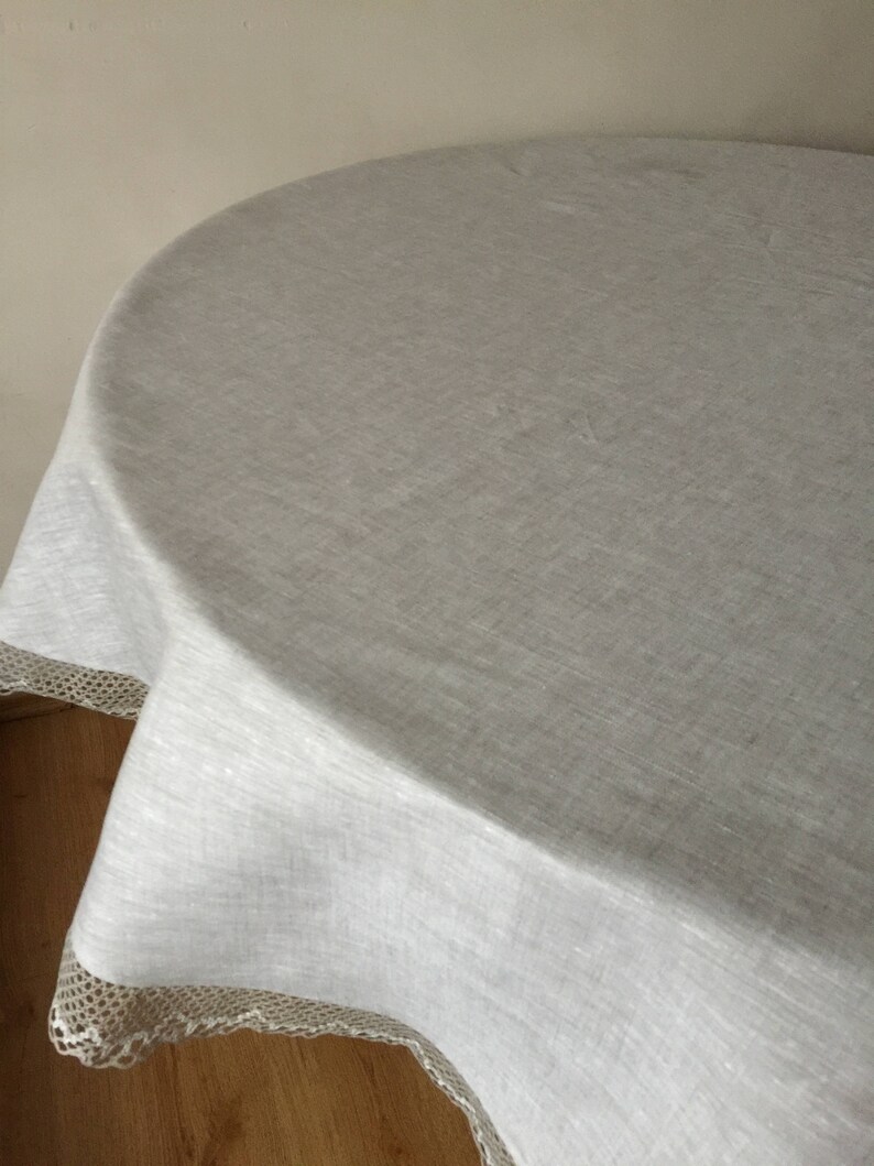 Round Oval Linen Tablecloth Lace Grey Natural 70 inches 80 Etsy