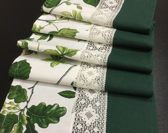 Table Runner Linen Cotton White Green Lace Leaves Table Linen