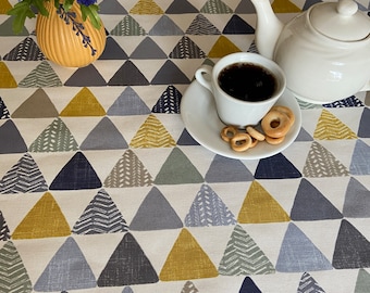 Round Tablecloth Cotton Geometric Grey Mustard triangles