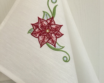 White linen towel Embroidered Christmas towel Tea towel Kitchen towel Christmas gift Poinsettia embroidery