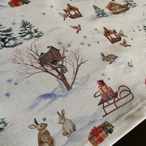 Christmas table runner Cotton white table linen Retro style table runner Christmas theme Winter season table runner