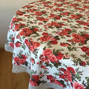Linen Round Tablecloth: Red Roses, Shabby Chic Lace Floral tablecloth