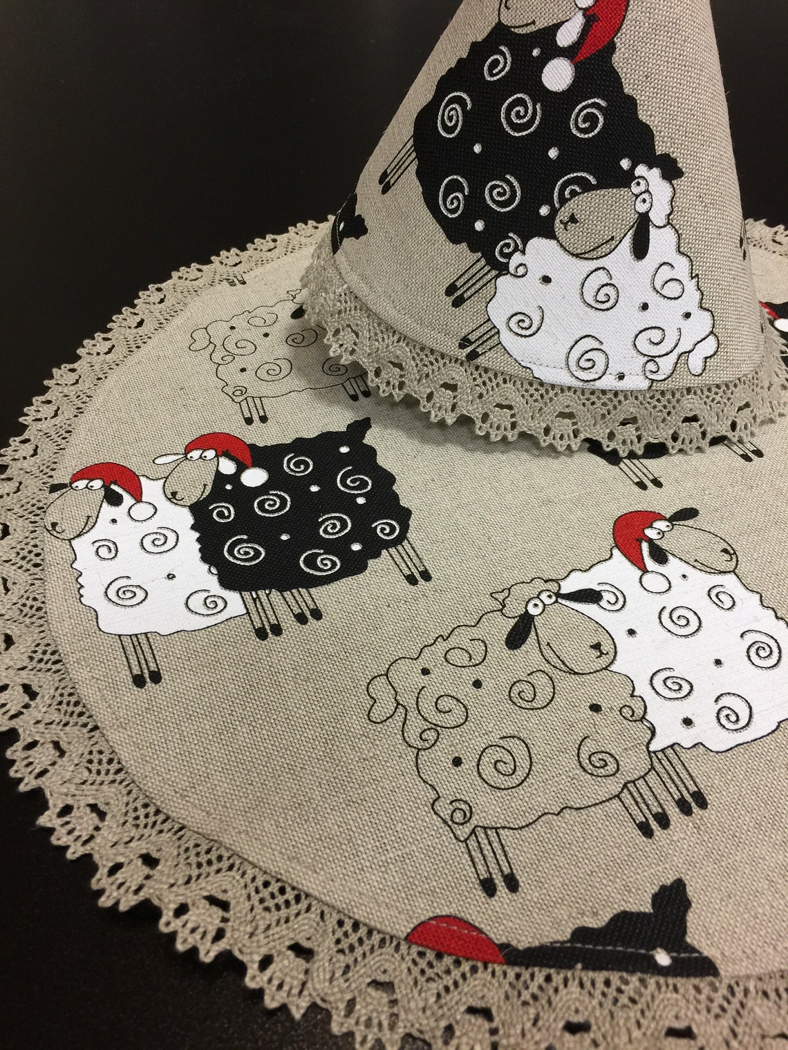 Round Christmas Placemats Santa Sheep Set 2 Linen Table Mats Etsy