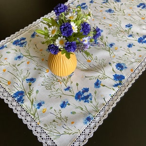 Cotton Table runner Cornflower table runner with lace Center Piece Table Topper 43 inches