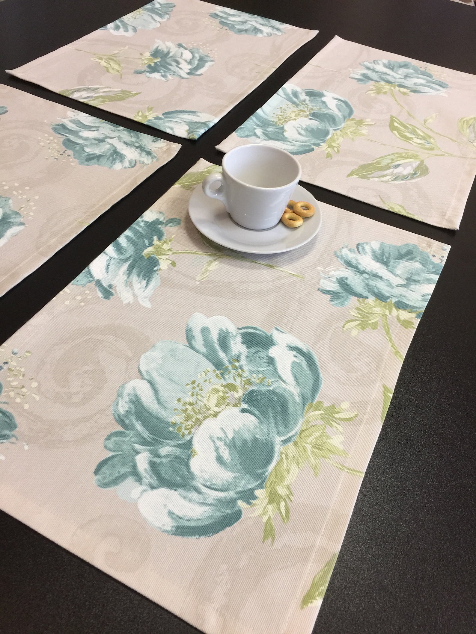 Placemats Set 6 Grey Ocean Blue Flower Table Linen Fabric Etsy UK