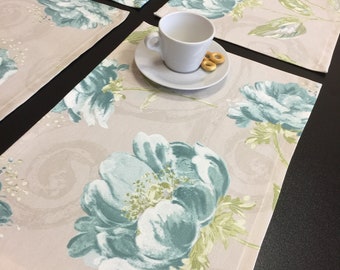 Placemats Set 6 Grey Ocean Blue Flower Table Linen Fabric Placemats Reusable