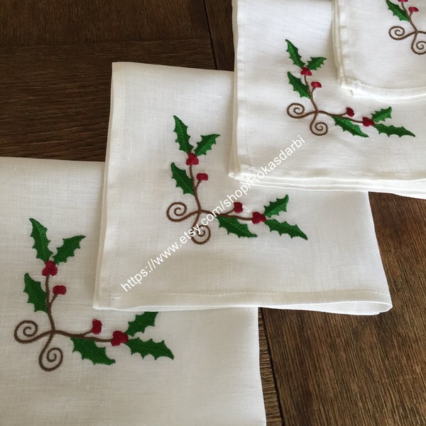 Linen Cloth Napkins Christmas Napkins Set 2 4 6 Embroidered White Napkins