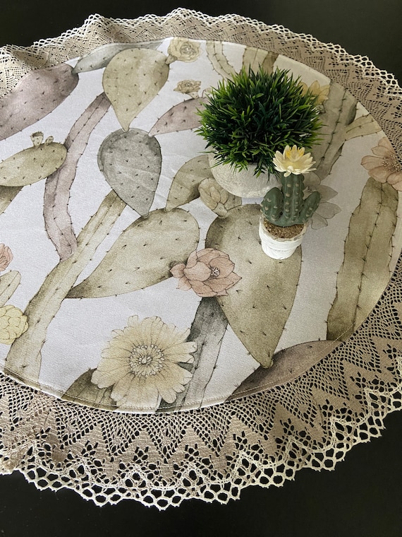 Baumwolle Runde Tischdecke Kleine Tischdecke Kaktusblüten Tischplatte Leinen Spitze 65,5 cm