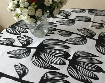 Round Tablecloth Cotton Fabric Square Oval Rectangle Tablecloth Floral Tablecloth Modern Big Flower Table Linen Black Flower On White