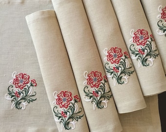 Linen Embroidered Placemats Set 6 Fabric Placemats Embroidery Flower