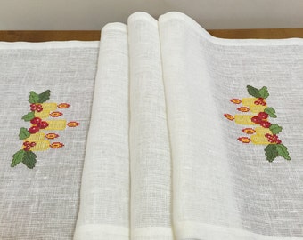 Linen Table Runner Hand Embroidery White Cross-Stitch Christmas Gift Candle