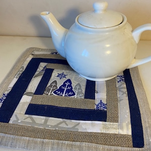 Pot Holder Fabric Mug Rug Coasters Quilted Christmas Pot Holders Blue Grey Hot Pad Linen Cotton