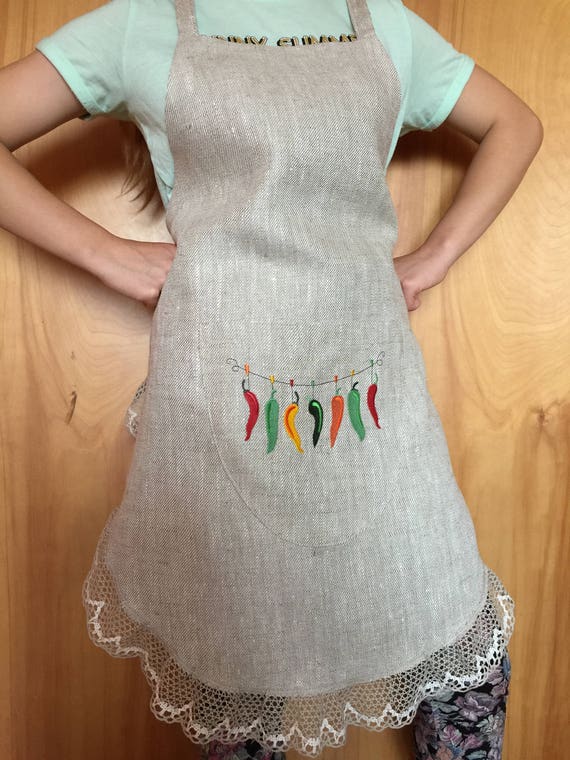 Buy Women Full Apron Pure Linen Natural Embroidery Linen Lace 