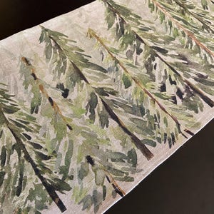 Christmas Table Runner Linen Table Runner Watercolor tree pattern Flax Natural grey 60 inches