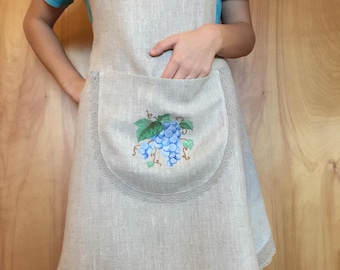 女性用フルエプロン ピュアリネン製 レース刺繍入り ブルーグレープ柄