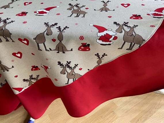 Runde Tischdecke Leinen Weihnachtstischdecke 200cm Rote Kante mit Rentier und Weihnachtsmannmuster auf Beige