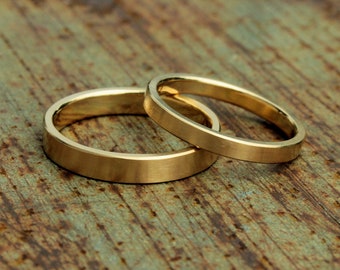 以下が含まれることがあります： 2つの金の結婚指輪が、片方がもう片方よりわずかに大きい状態で、素朴な木製の表面に並べて置かれています。