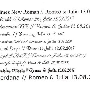 May include: A list of 10 different fonts with the names of the fonts and the text "Romeo & Julia 13.08.2017" written in each font.